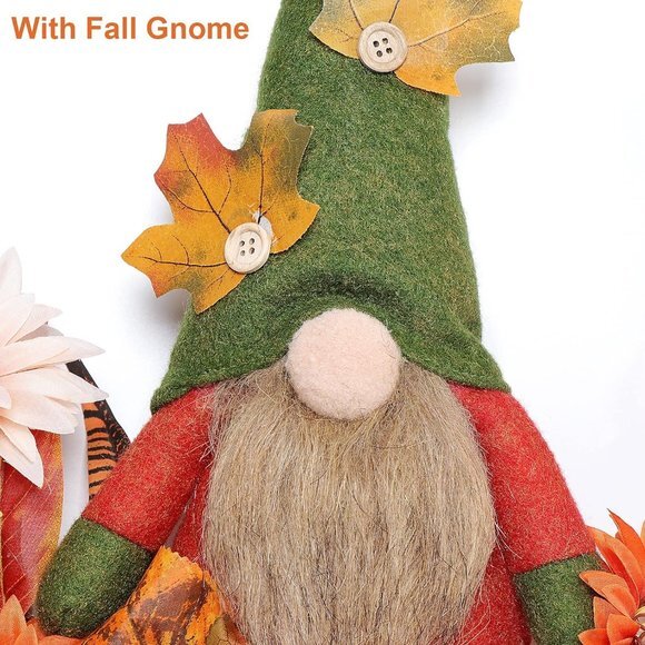 Fall Wreath with Plush Gnome, 15 Inch Artificial Grapevine Wreath with Flowers - Picture 4 of 7